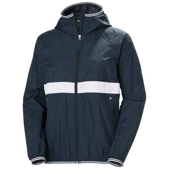 Front view of Koster women's lightweight windbreaker jacket in a city environment.