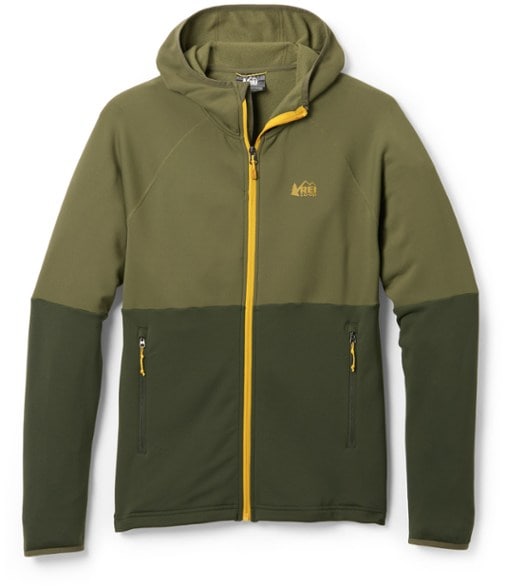 Men's Trailblazer Stretch Fleece Jacket featuring a scuba-style hood for optimal comfort during hikes.