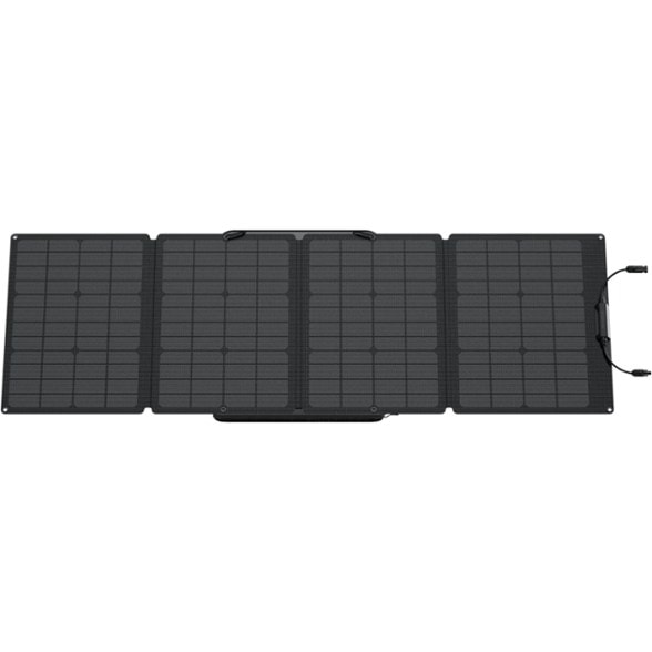 EcoFlow 110W solar panel set up at a campsite, charging devices under the sun.