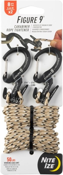 Nite Ize Figure 9 carabiner rope tightener showing the cord and carabiners
