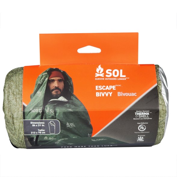Front view of SummitShield four season waterproof bivy with hood laid out for camping
