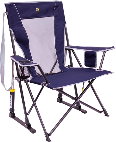 Portable rocking chair with mesh backrest and drink holder, ideal for camping.