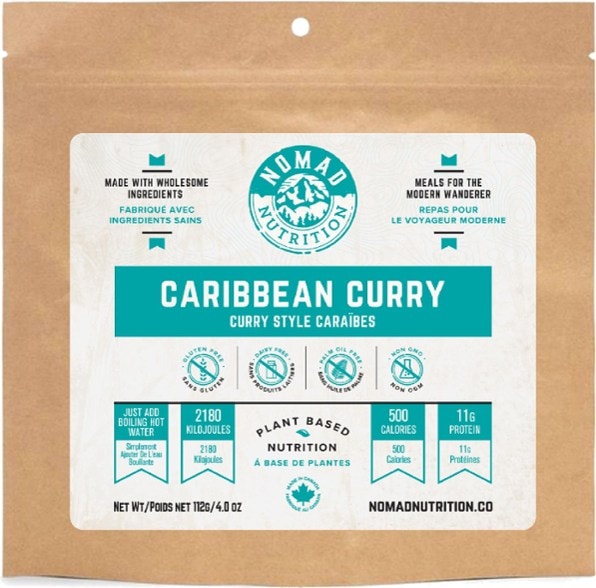 Close-up of Nomad Nutrition vegan curry meal with quinoa and spices, an organic ready meal for backpacking