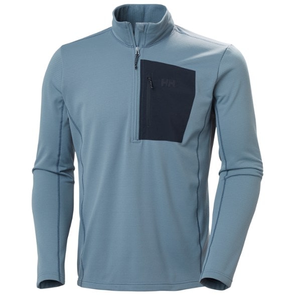 Front view of men's fleece pullover with half zip and chest pocket in cobalt blue
