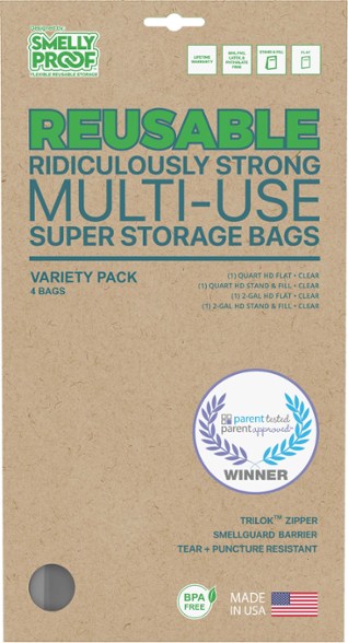Flat 1-quart storage bag sealed and packed with trail snacks, set on a camping table.