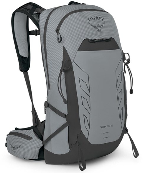 Side view of Osprey Talon Pro 20 hiking backpack showing adjustable torso straps and hipbelt pockets