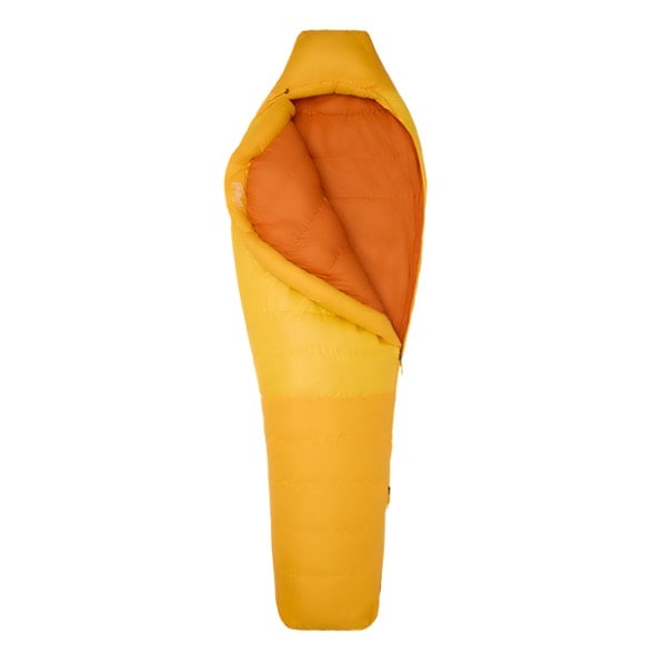 Marmot Mad River 0° Down Sleeping Bag showcasing its mummy shape and zipper details.