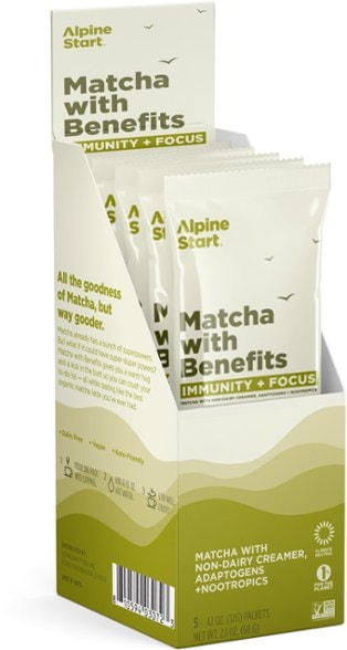 Close-up of Alpine Boost organic matcha latte single-serve packet with natural green powder inside