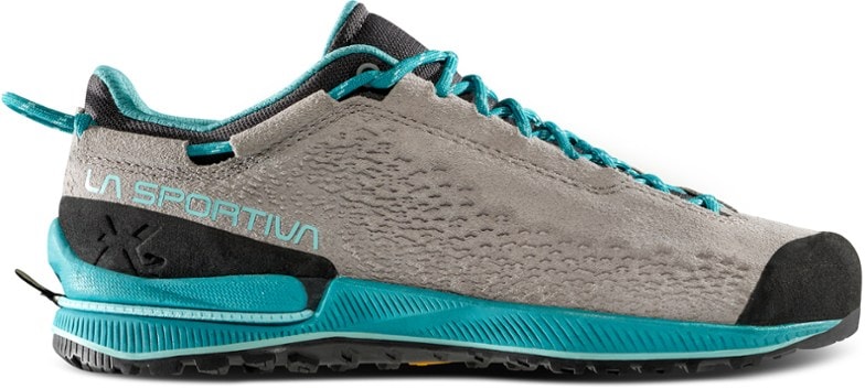 La Sportiva Women's TX2 EVO approach shoes from the side, highlighting the eco nubuck leather and lacing system.