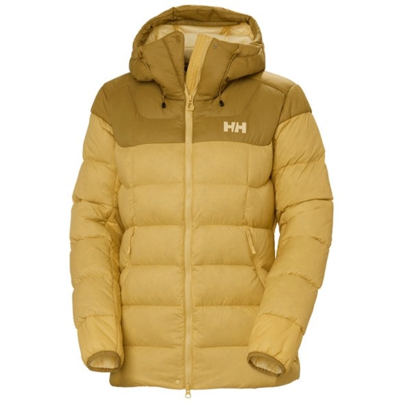 Front view of Helly Hansen Women's Glacier Down Jacket in action during a winter hike.