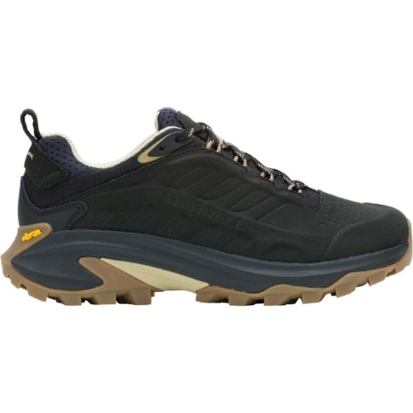 Merrell Women's Moab Speed 2 hiking shoes in a forest setting, highlighting waterproof features.