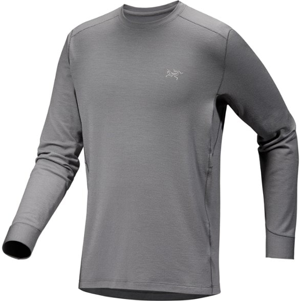 Men's merino wool crew neck base layer showing side view in outdoor setting