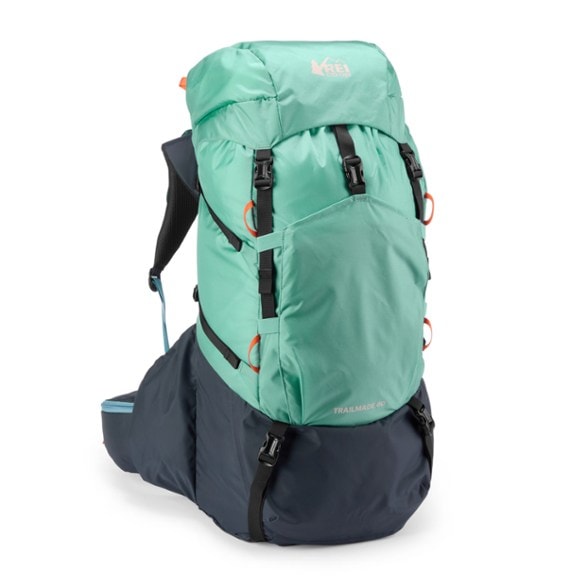 Front view of women's hiking backpack showing adjustable torso and contoured hipbelt