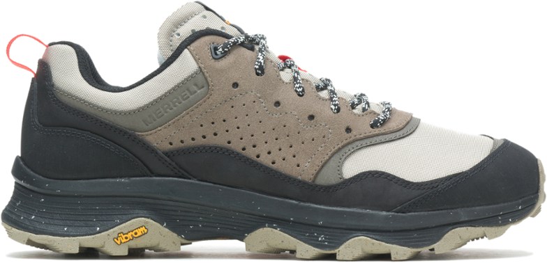 Merrell Speed Solo hiking shoes showcasing waterproof suede and recycled mesh from the side angle.