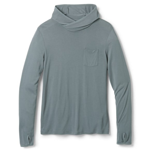 Men's ultra-light sun protection hoodie showcased in a hiking environment