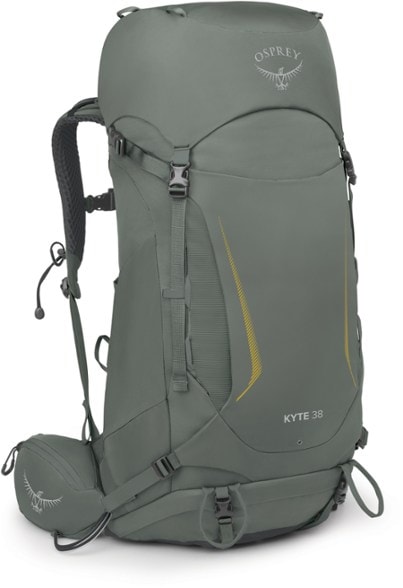 Front view of the Osprey Kyte 38 women's hiking backpack showcasing durable construction and raincover attachment.