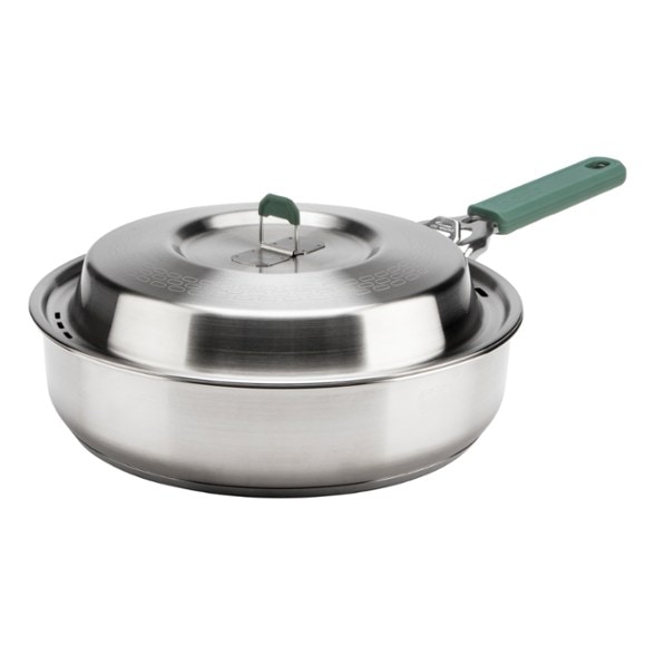 CampMaster 10-Inch saute pan with basting dome lid ready for outdoor cooking