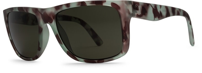 Side angle view of lightweight polarized sunglasses with charcoal frames and double-action hinges