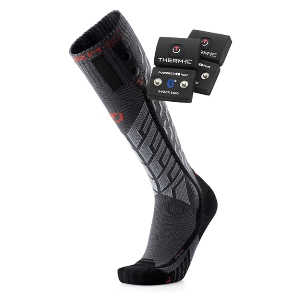 Close-up of Therm-ic Performance S.E.T heated socks showing slim heated boot sock design with rechargeable batteries