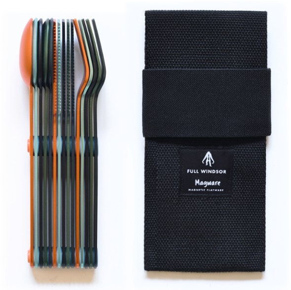 Magware 15-piece magnetic flatware set displayed in colorful carry pouch.