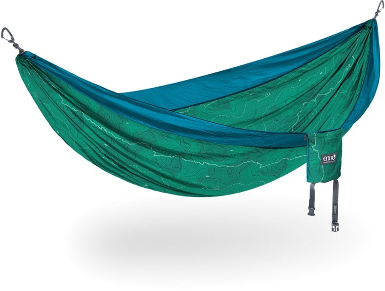 ENO DoubleNest hammock in a natural setting, showcasing its vibrant colors and eco-friendly design.