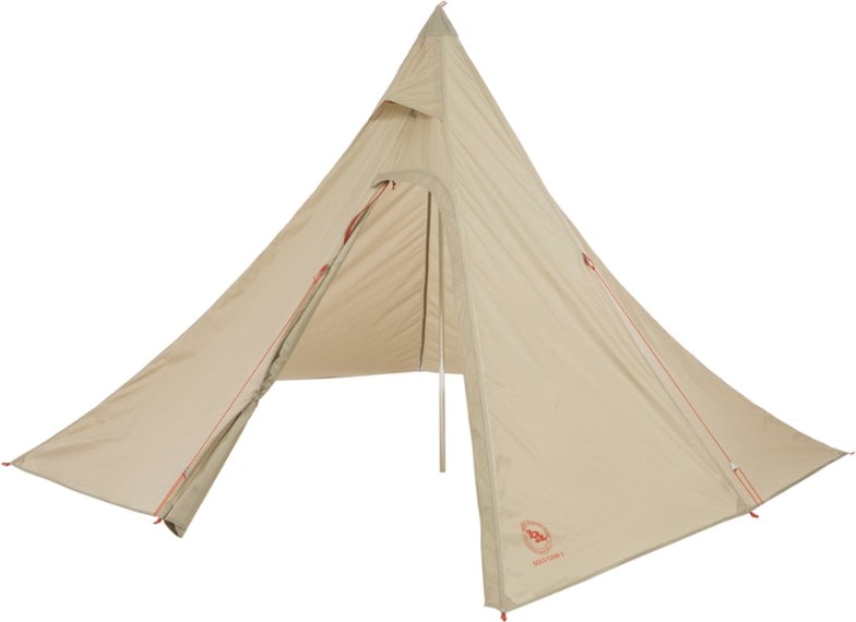 Big Agnes Gold Camp Tarp showcasing its pyramid design setup in the woods.