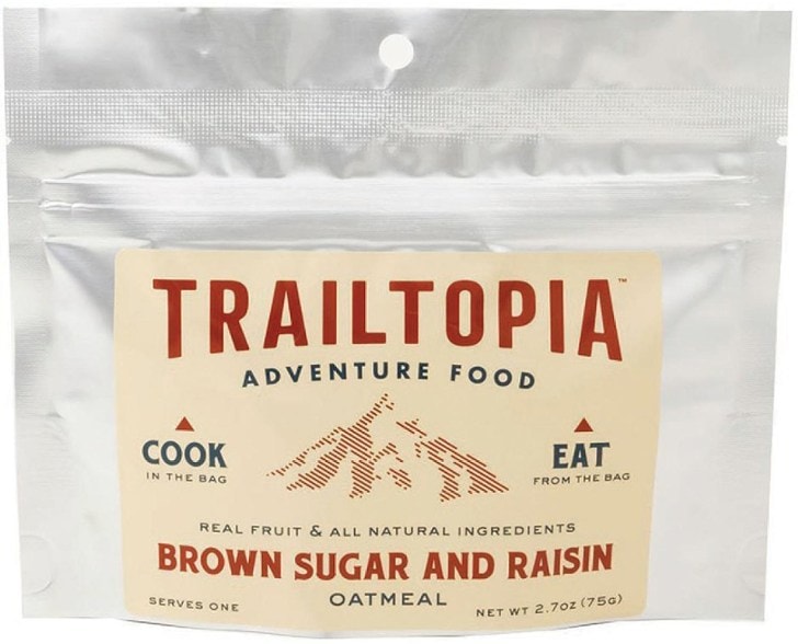 A serving of Trailblazer Brown Sugar & Raisin Oatmeal ready for outdoor use.