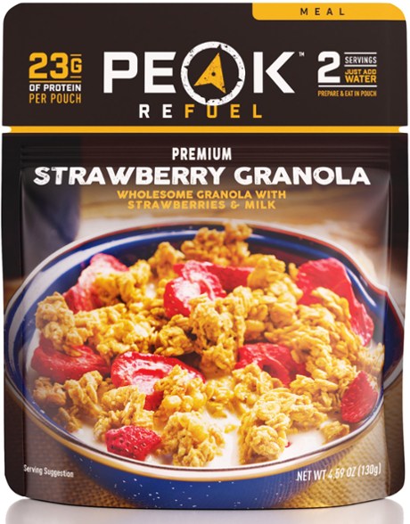 Close-up of Peak Refuel strawberry granola showing real freeze dried strawberries and crunchy grains