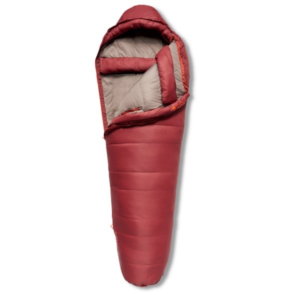 Kelty Cosmic 0° backpacking sleeping bag laid out flat showcasing trapezoidal baffle design for heat retention