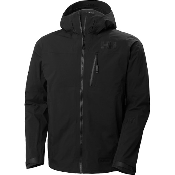 Front view of men's RECCO jacket worn on a mountain hike with helmet-compatible hood visible.
