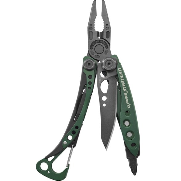 Leatherman Skeletool CX multi-tool showing open blade and pliers, ideal camping knife and multi-tool combo