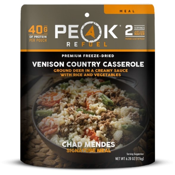 Peak Refuel Venison Casserole in a bowl, showcasing hearty ingredients for camping.