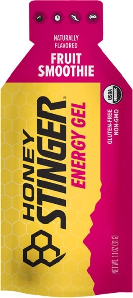 Close-up of Revitalizing Organic Energy Gel packet, highlighting its organic label and vibrant design.