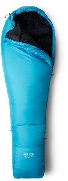 Mountain Hardwear Lamina 15 sleeping bag displayed outdoors, highlighting its lightweight design.