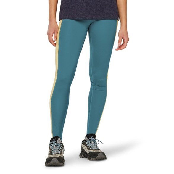Front view of women's hiking tights showing high-rise waist and side pockets.