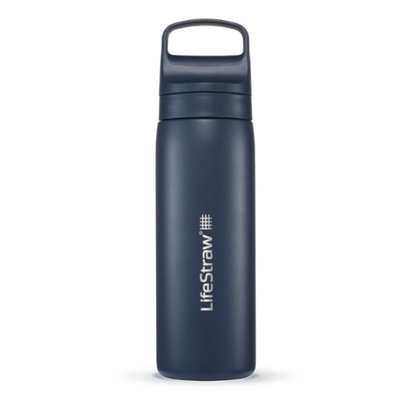 HydraPure insulated stainless steel water filter bottle with a scenic background