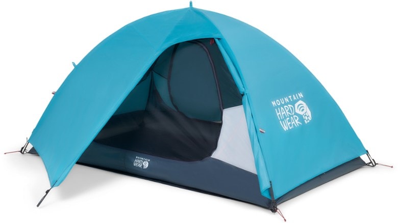 Exterior view of the Meridian 3 Family Camping Tent in a forest setting, highlighting its dual doors and spacious vestibules.