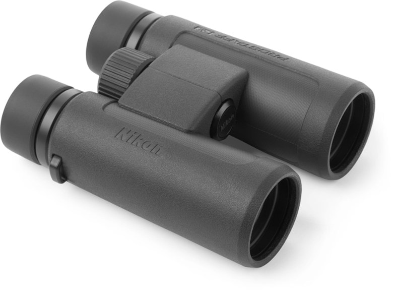 Nikon Prostaff P3 8x42 waterproof binoculars angled showing rugged rubber armor for outdoor use