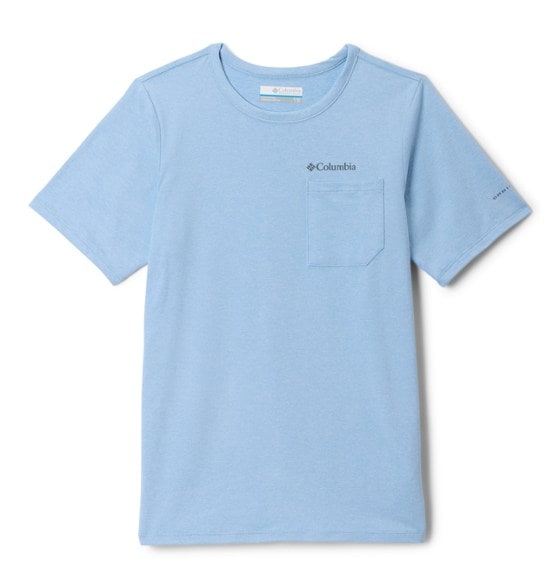 Boy hiking in SunShield Performance T-Shirt, demonstrating sun protection features.