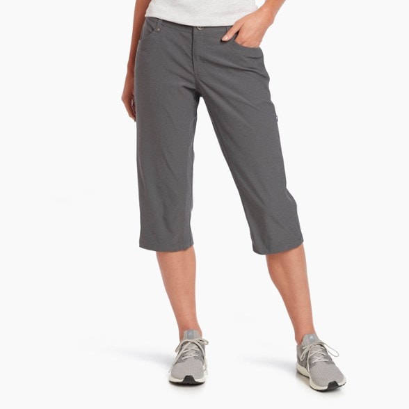 Front view of TrekFlex convertible pants showing secure zippered pockets and tapered fit, perfect women's hiking pants