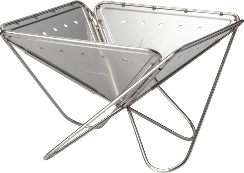 Snow Peak Portable Campfire Grill with flames, perfect for outdoor cooking