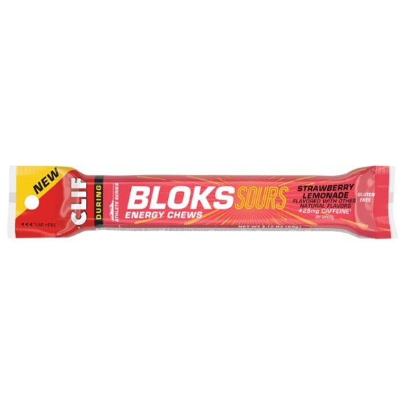 Clif Bloks Sours energy chews laid out on race gear—perfect fuel for endurance sports