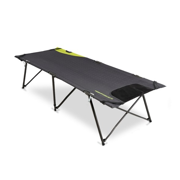 Zempire Z Leg Single Folding Camp Cot set up inside a tent, showcasing its tall profile and under-bed storage.