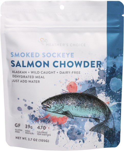 Hearty smoked sockeye salmon chowder ready for hiking trips.