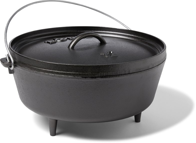 Lodge 6-Quart Camp Dutch Oven with lid, showcasing its sturdy handle.