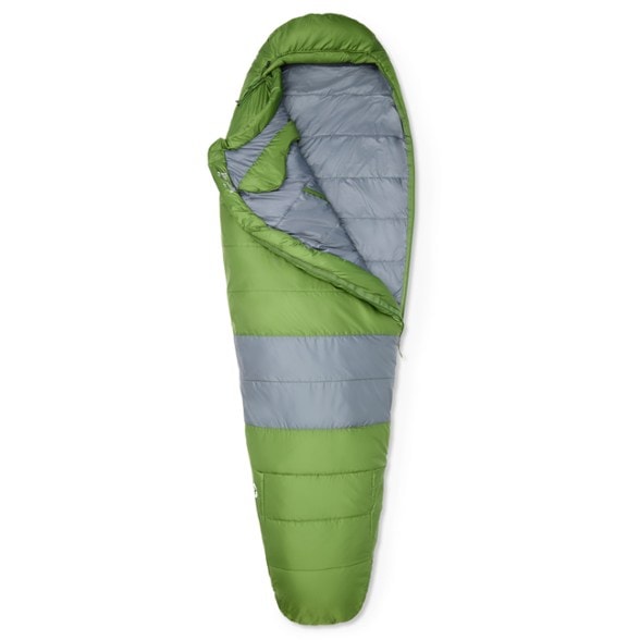 EcoMummy Elite 30 sleeping bag in a campsite setting, demonstrating its lightweight design.
