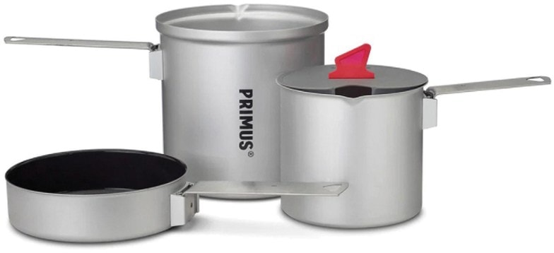 Versatile Trekking Cookware Set displayed with pots nested and skillet on top