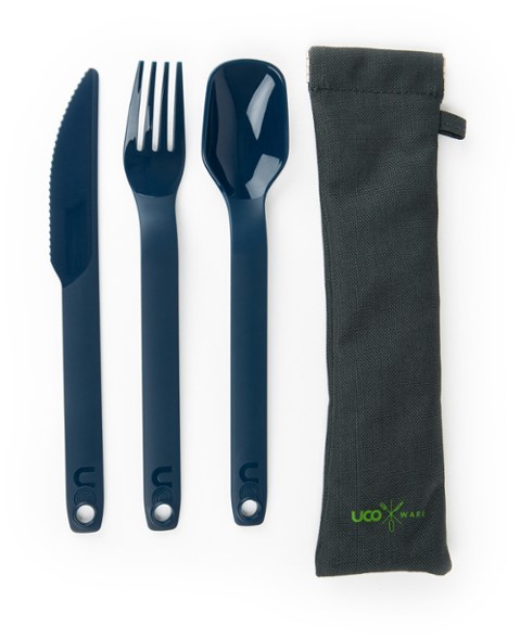 EcoTrail lightweight camping silverware with case showing fork, knife, and spoon neatly packed for outdoor use