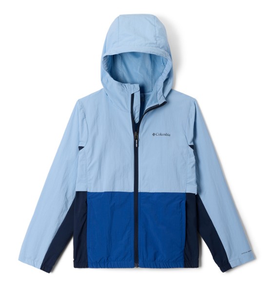 Front view of boys windbreaker showing water repellent nylon fabric and zippered pockets