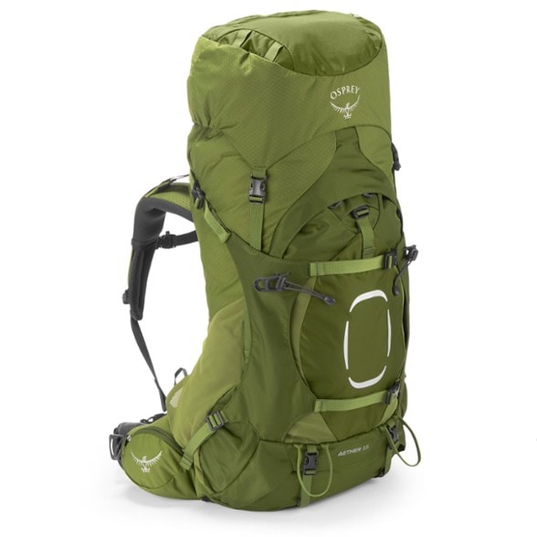 Front view of durable hiking backpack with raincover attached, perfect for wet conditions